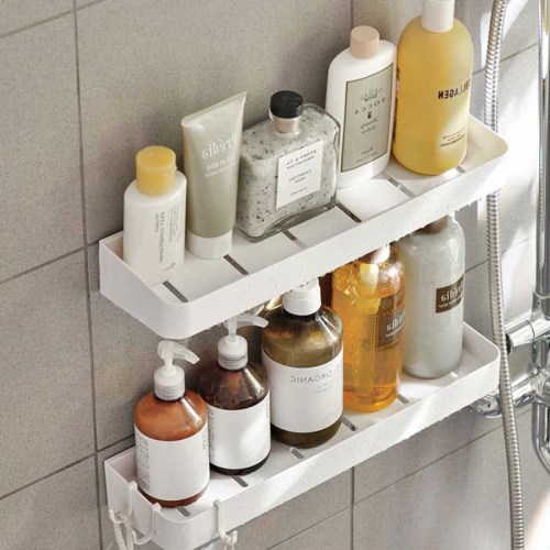 Bathroom wall outlet shelf with hooks